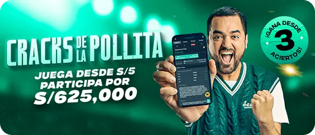A man holding a phone with the text 'Cracks de la Pollita, juega desde S/5 y participa por S/625,000'